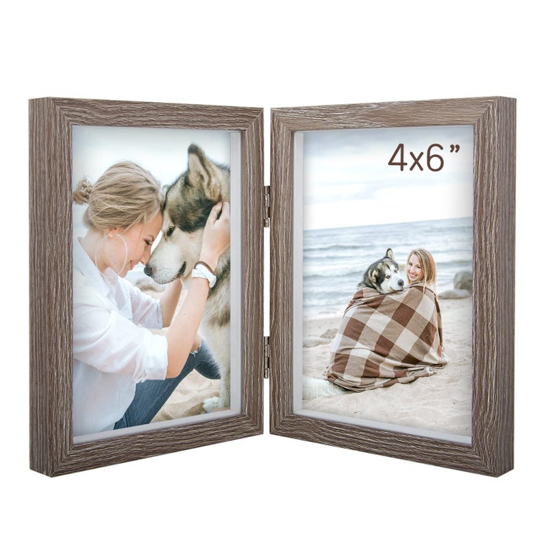 AEVETE 4x6 Picture Frames Double Hinged Wood Folding Picture Frames Vertically Display, Real Glass Front - Image 1